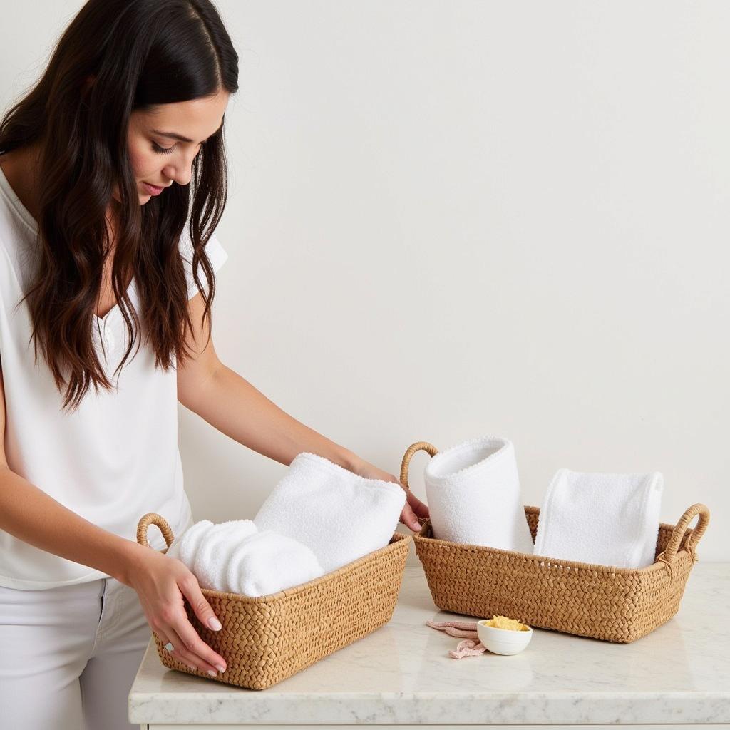 A woman organizing towels in Zara Home bathroom baskets