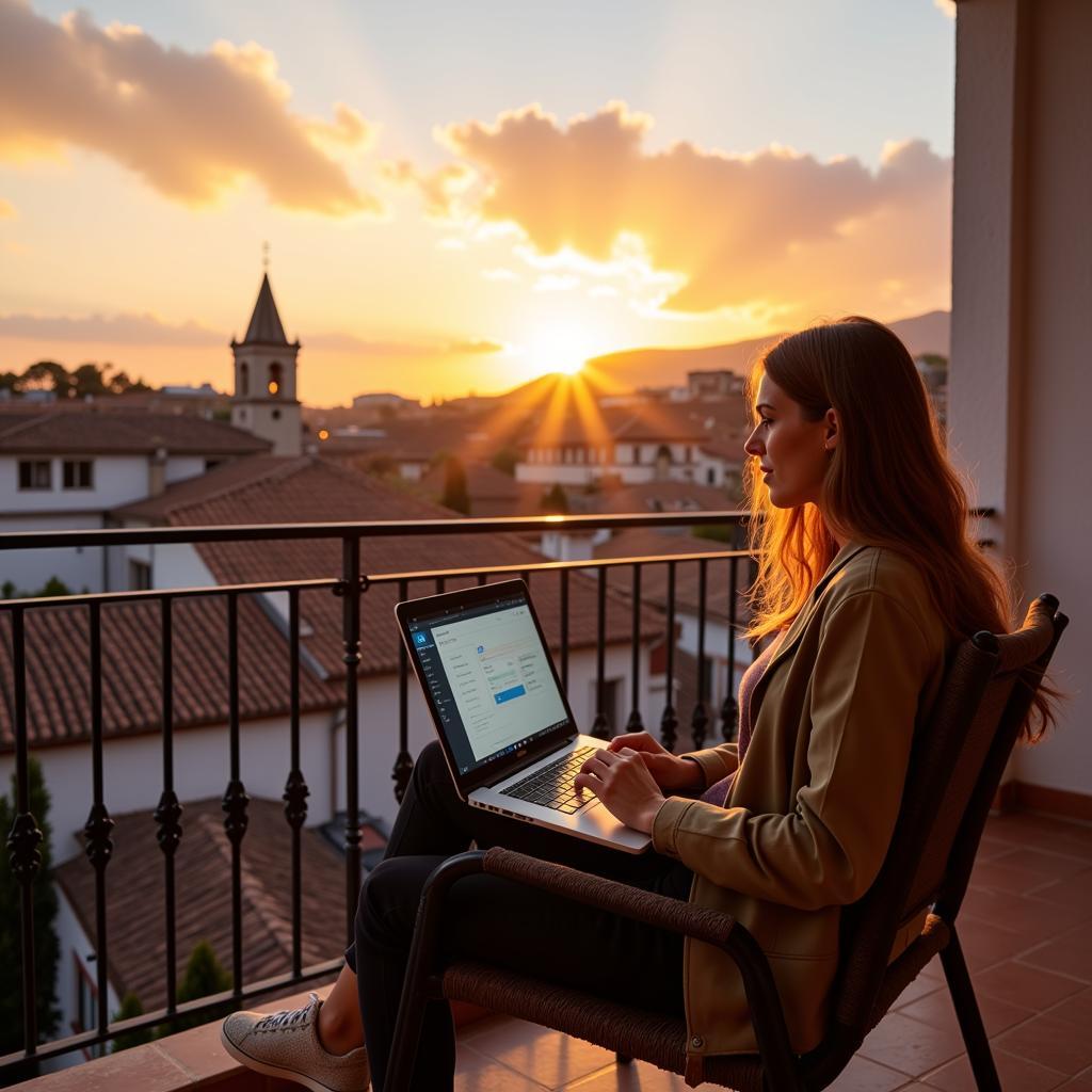 Woman relaxes with Airbox home wifi after a day of exploring Spain