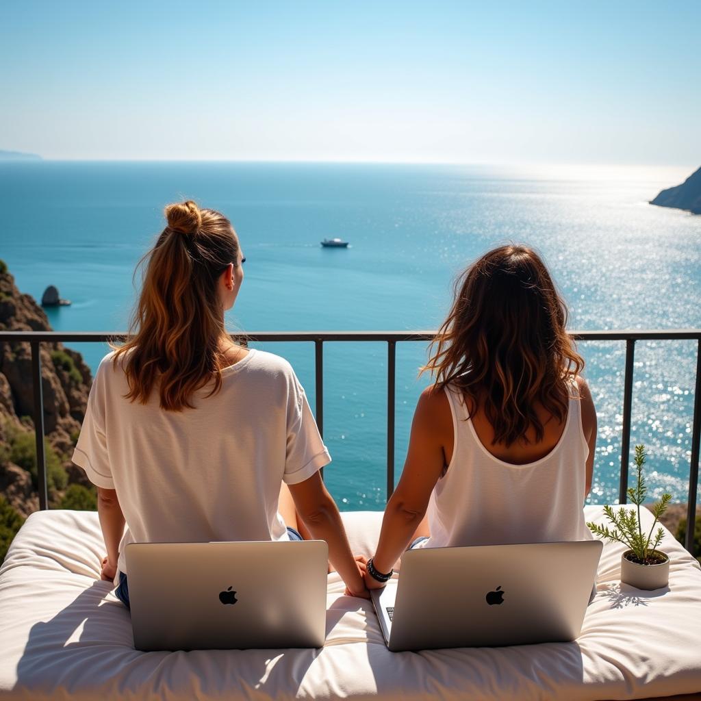 Couple working remotely on laptops with a beach view in Spain