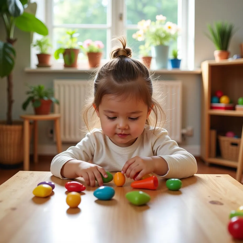 Young Girl Playing with Montessori Toys in a Bright Playroom at a Spanish Homestay