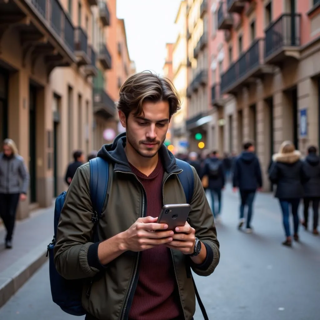 Young traveler using Samsung phone in Barcelona