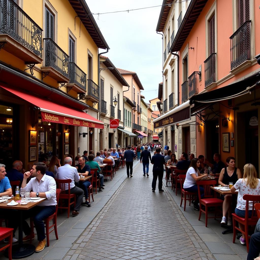 Lively street scene in Zamora during the evening with people enjoying tapas and drinks