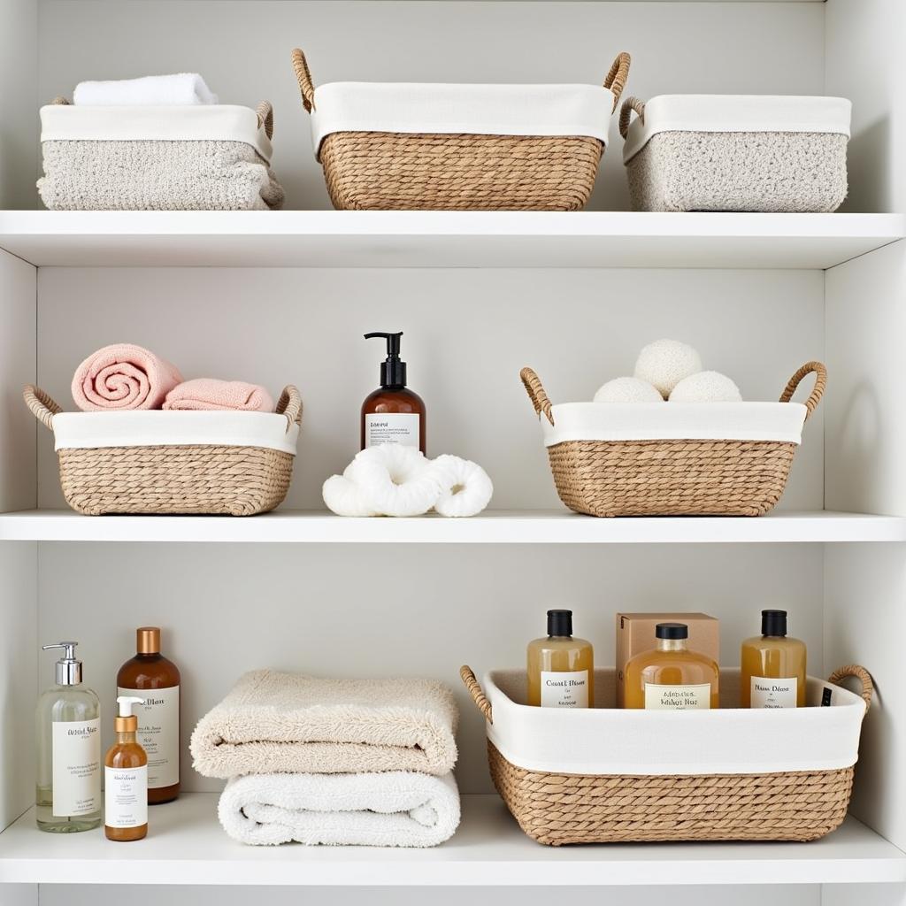 Zara Home bathroom baskets arranged on shelves