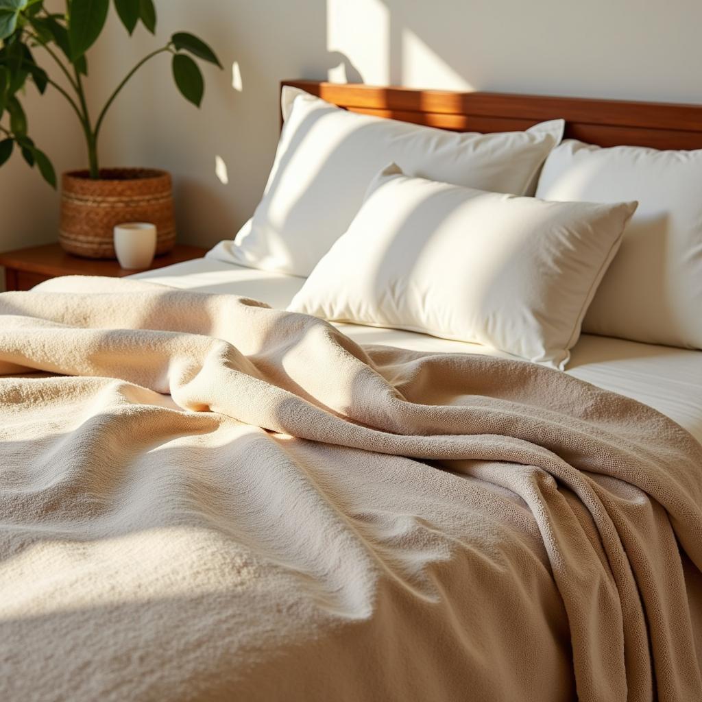 Zara Home beige colcha draped over a bed in a sunlit Spanish bedroom