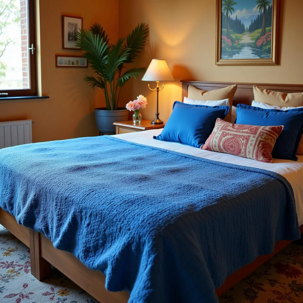 Zara Home's colcha azul draped over a bed in a Spanish-style bedroom