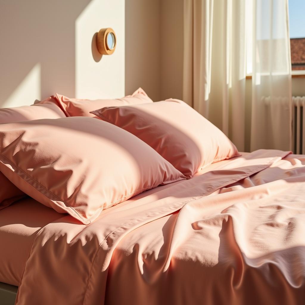 Zara Home coralina sheets draped over a bed in a sunlit Spanish bedroom