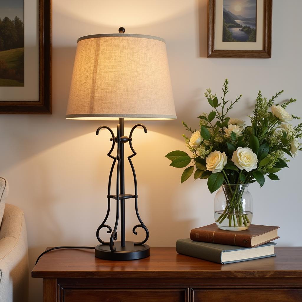 Zara Home lampara sobremesa illuminating a cozy corner in a Spanish villa