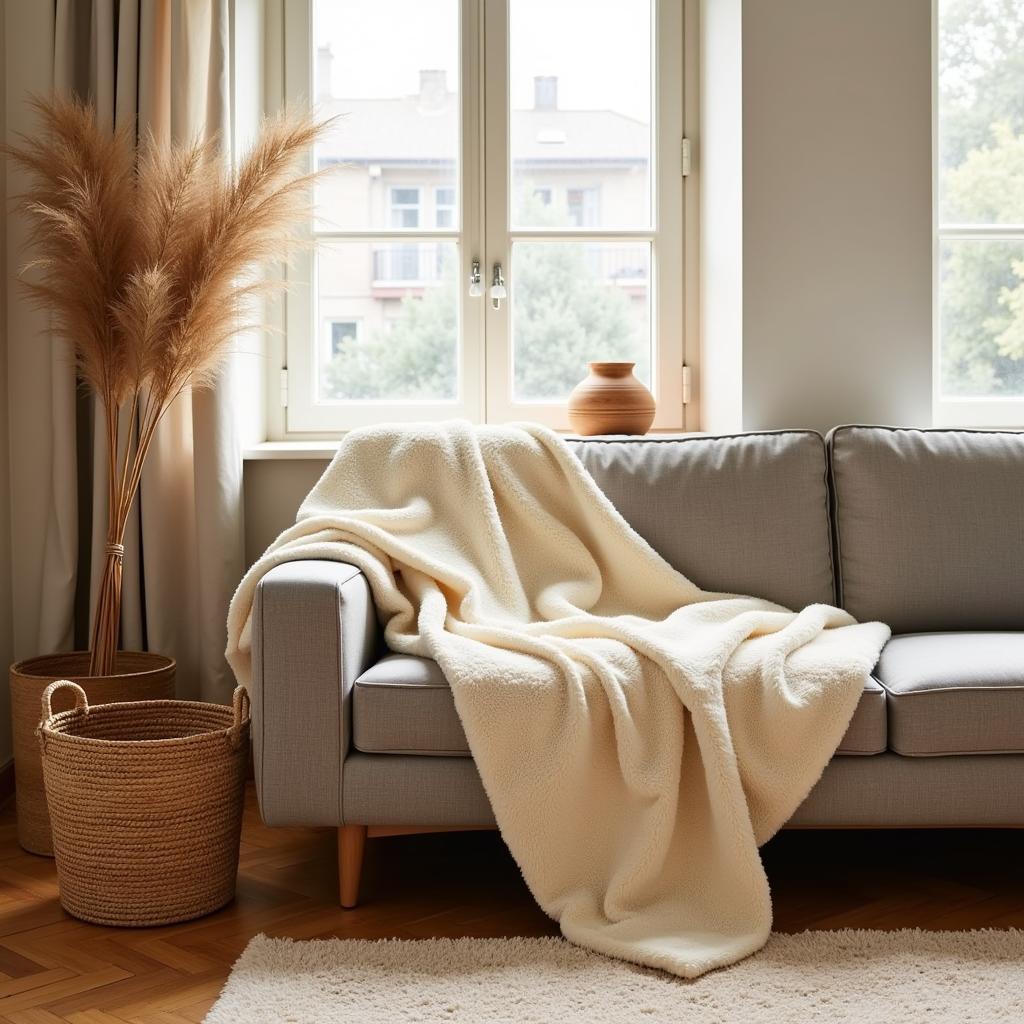 Cozy living room with a Zara Home manta de pelo draped over a sofa