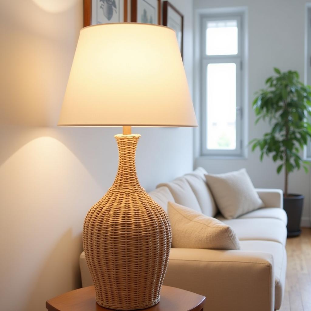 Zara Home rattan lamp illuminating a cozy living room