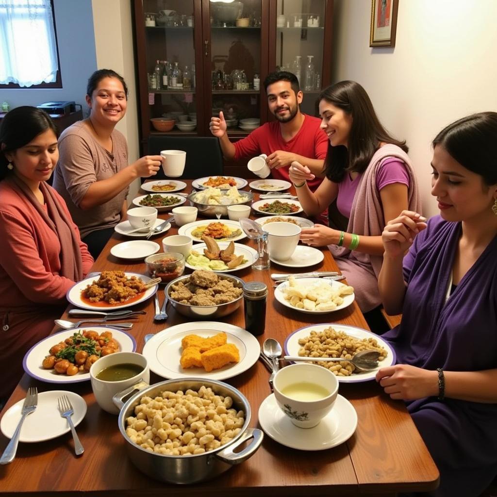 Guests enjoying a traditional home-cooked meal at Aashray Homestay in Chandigarh.