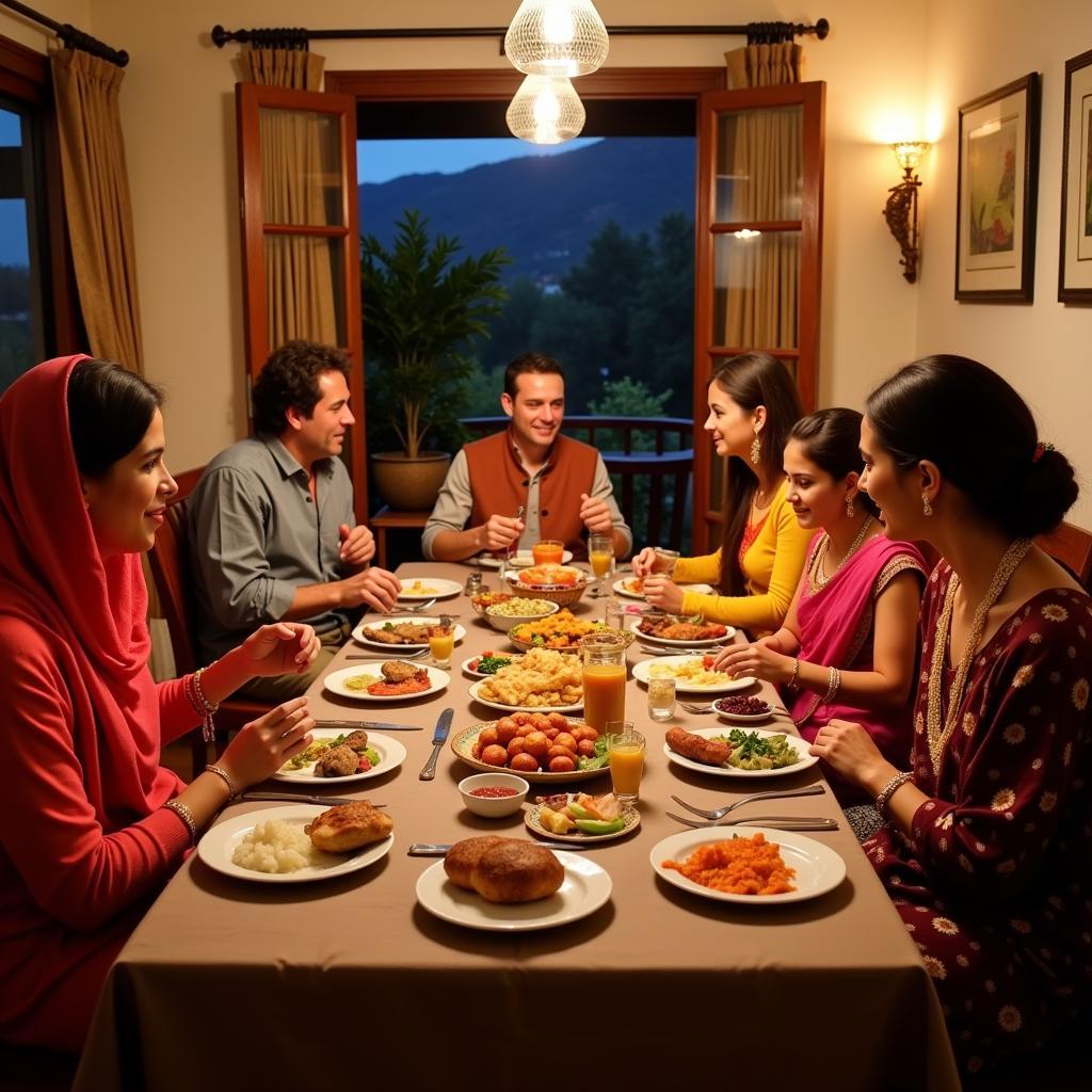 Guests enjoying a traditional Rajasthani dinner with the host family at Abode Homestay.