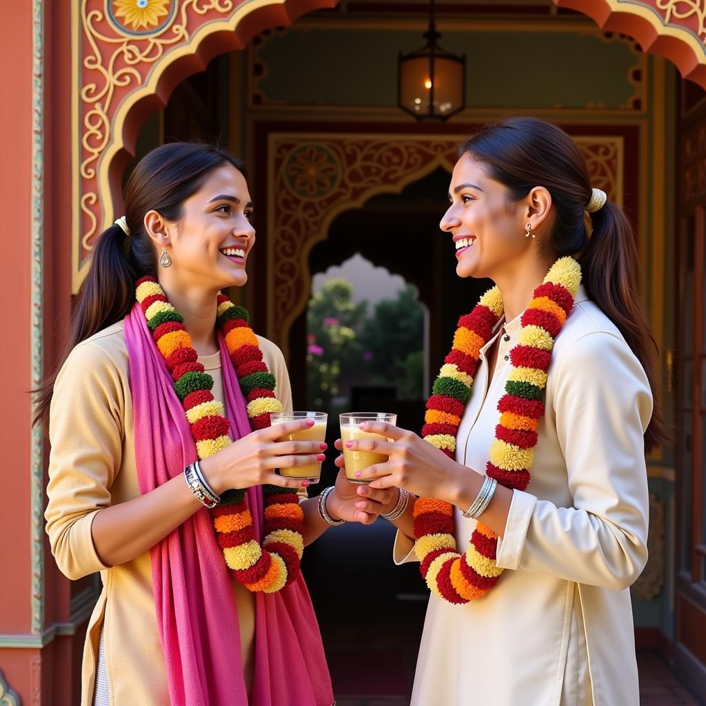 Guests being welcomed with traditional Rajasthani garlands and refreshments at Abode Homestay