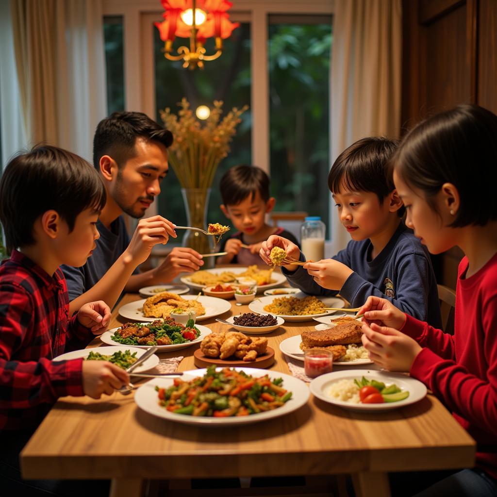 A warm and inviting scene of a family dinner at Adam Homestay, showcasing traditional Malaysian food and the friendly atmosphere.