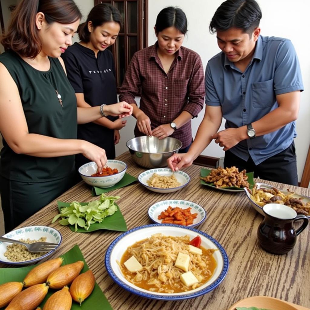 Guests participating in a traditional Sarawakian cooking class at their homestay