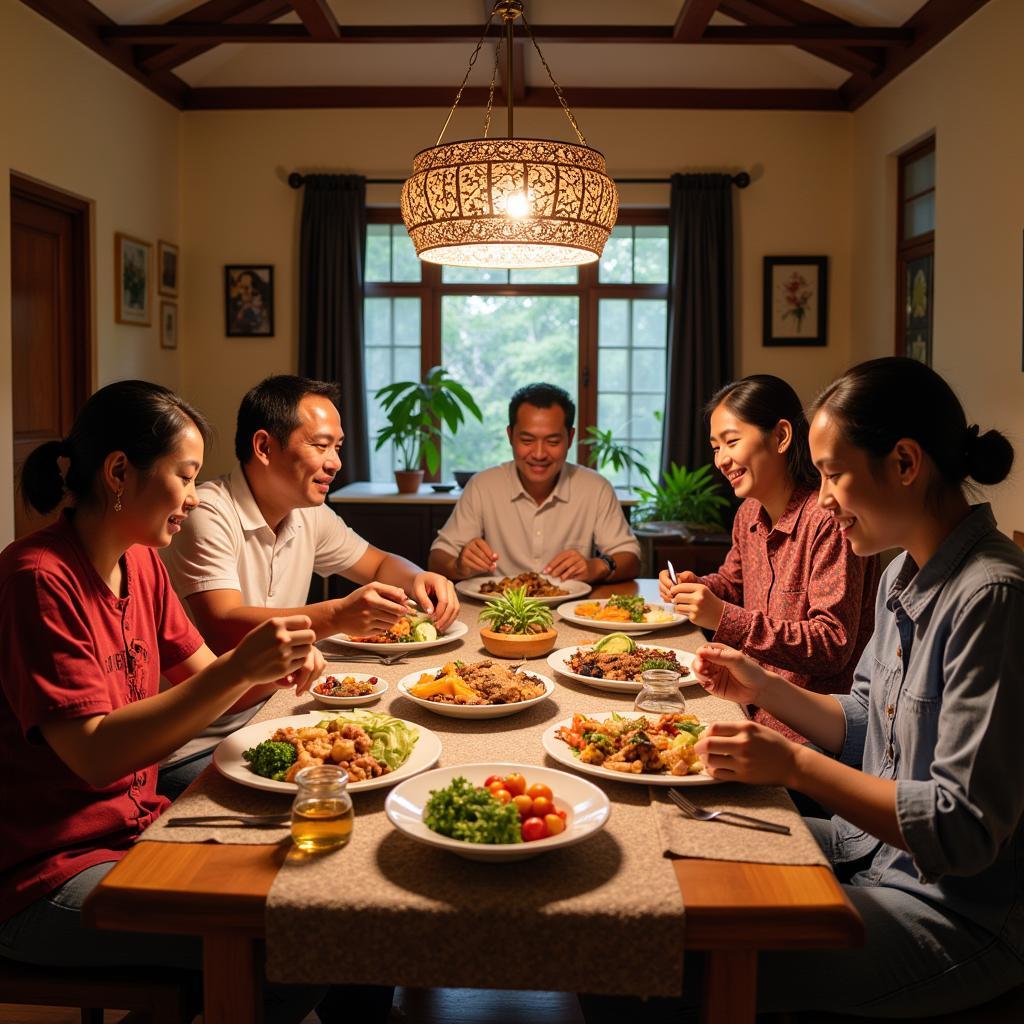 Family enjoying a meal together at an Aeroville Kuching homestay