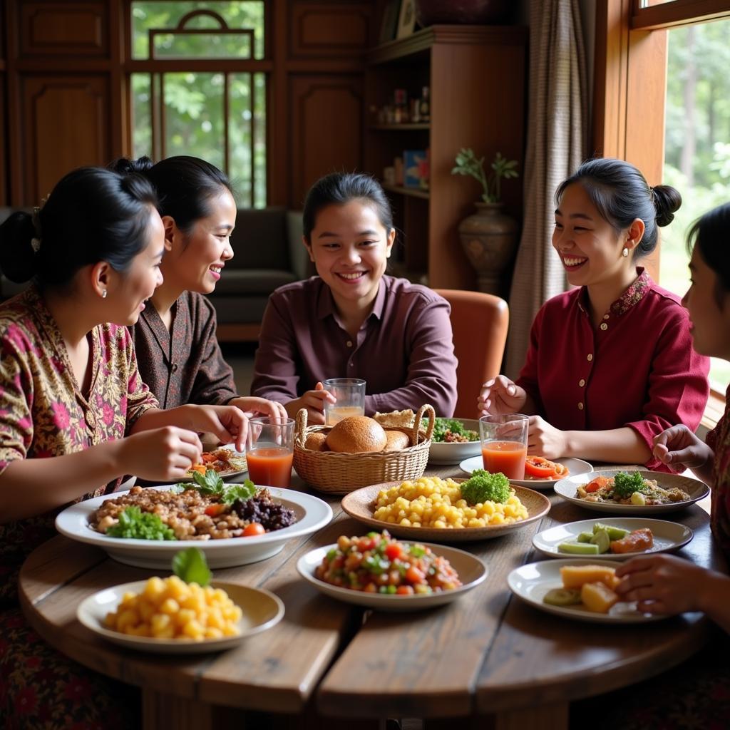 Family enjoying a meal together in a homestay in Condong Catur