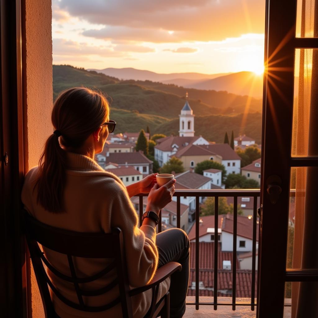 A solo traveler enjoying the view from their ajiko homestay in a picturesque Spanish village