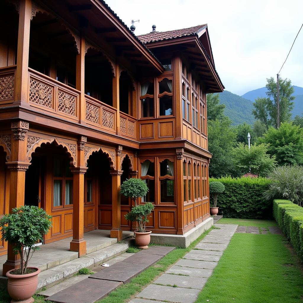 Exterior view of Almond Villa Homestay in Srinagar, showcasing its traditional Kashmiri architecture and surrounding garden.