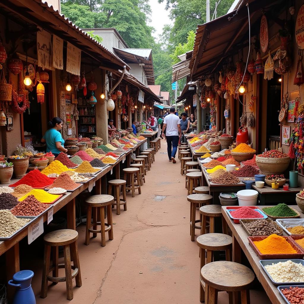 A bustling local market near Ambika Homestay, Puri, filled with colorful spices, fresh produce, and local handicrafts.