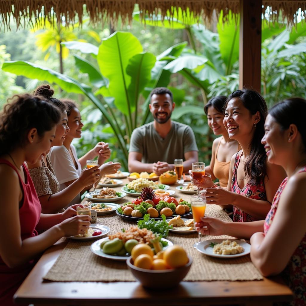 Family enjoying a traditional meal during their American Samoa National Park homestay