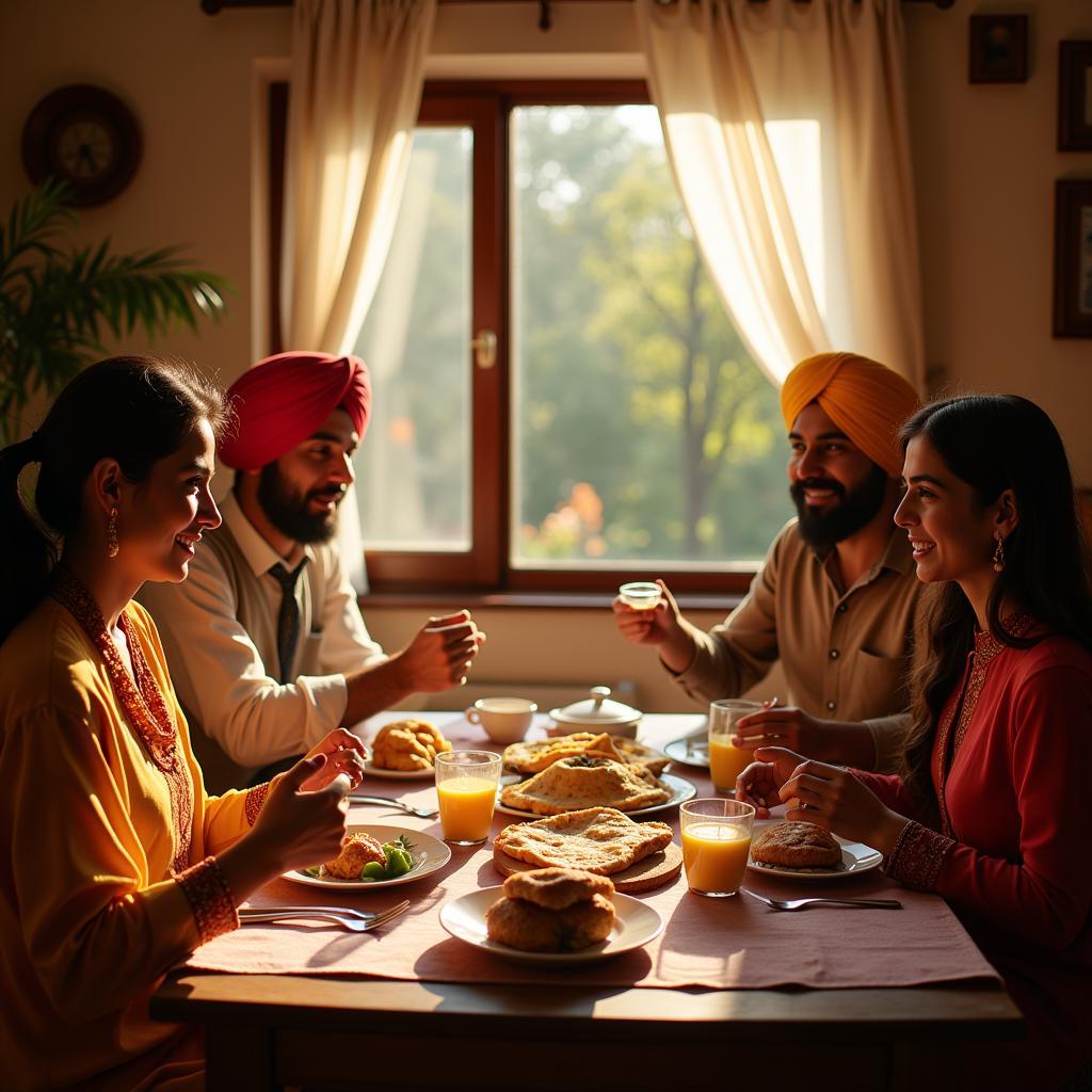 Family enjoying breakfast together in an Amritsar homestay