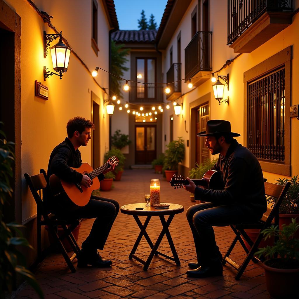 A local musician playing Spanish guitar in an arte s homestay's courtyard