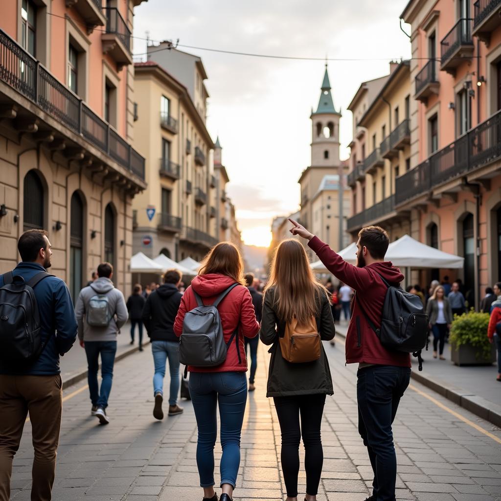 Homestay guests exploring the streets of Barcelona with their host