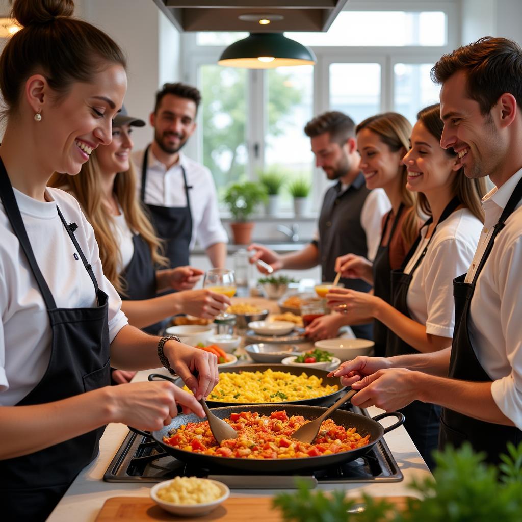 Guests learning to cook paella in a Spanish homestay