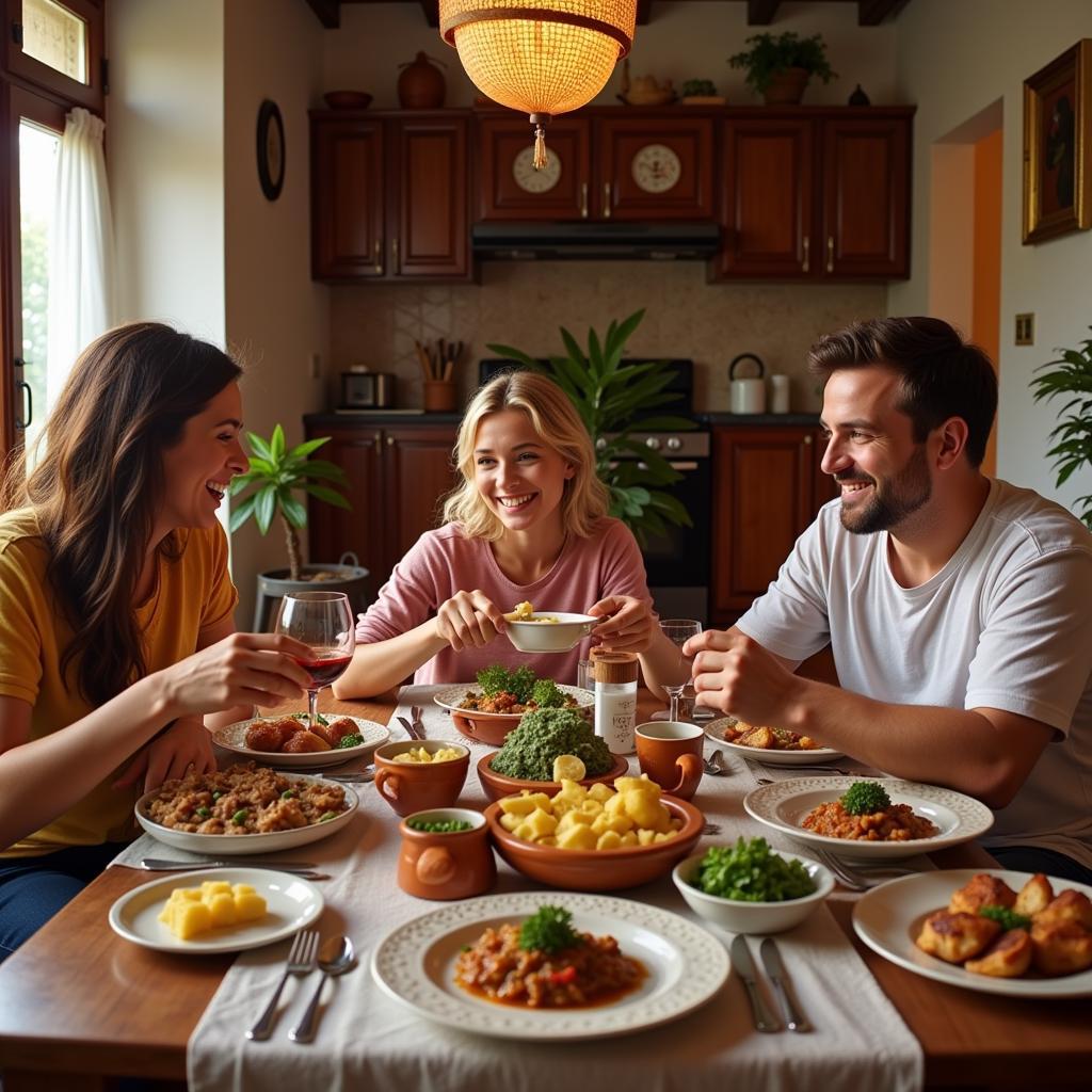 Family enjoying a meal together in a Spanish homestay