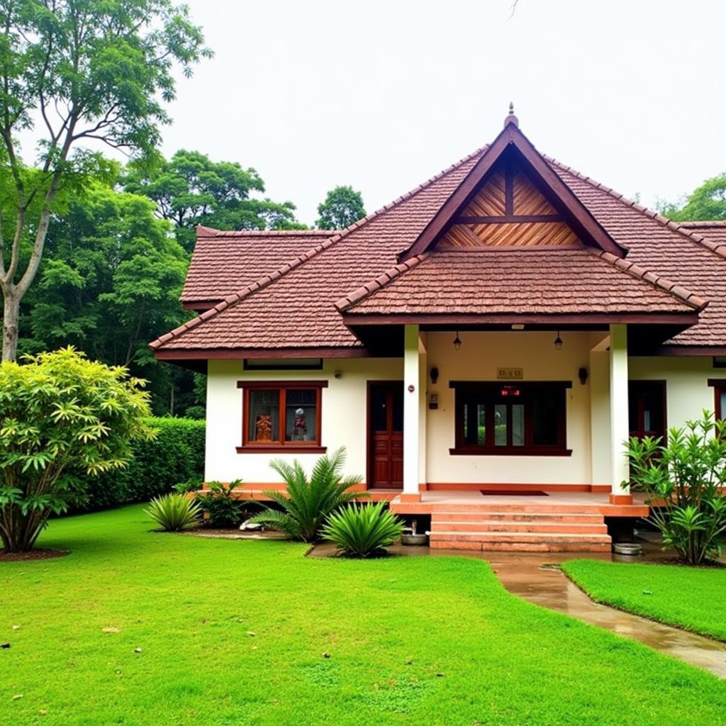 Ashtamudi Villa Homestay exterior view showing the traditional Kerala architecture and lush gardens surrounding the property.