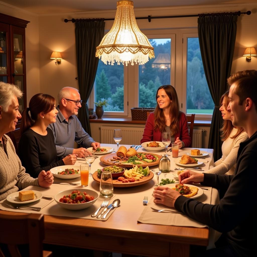 Austrian Family Enjoying Dinner with Homestay Guest