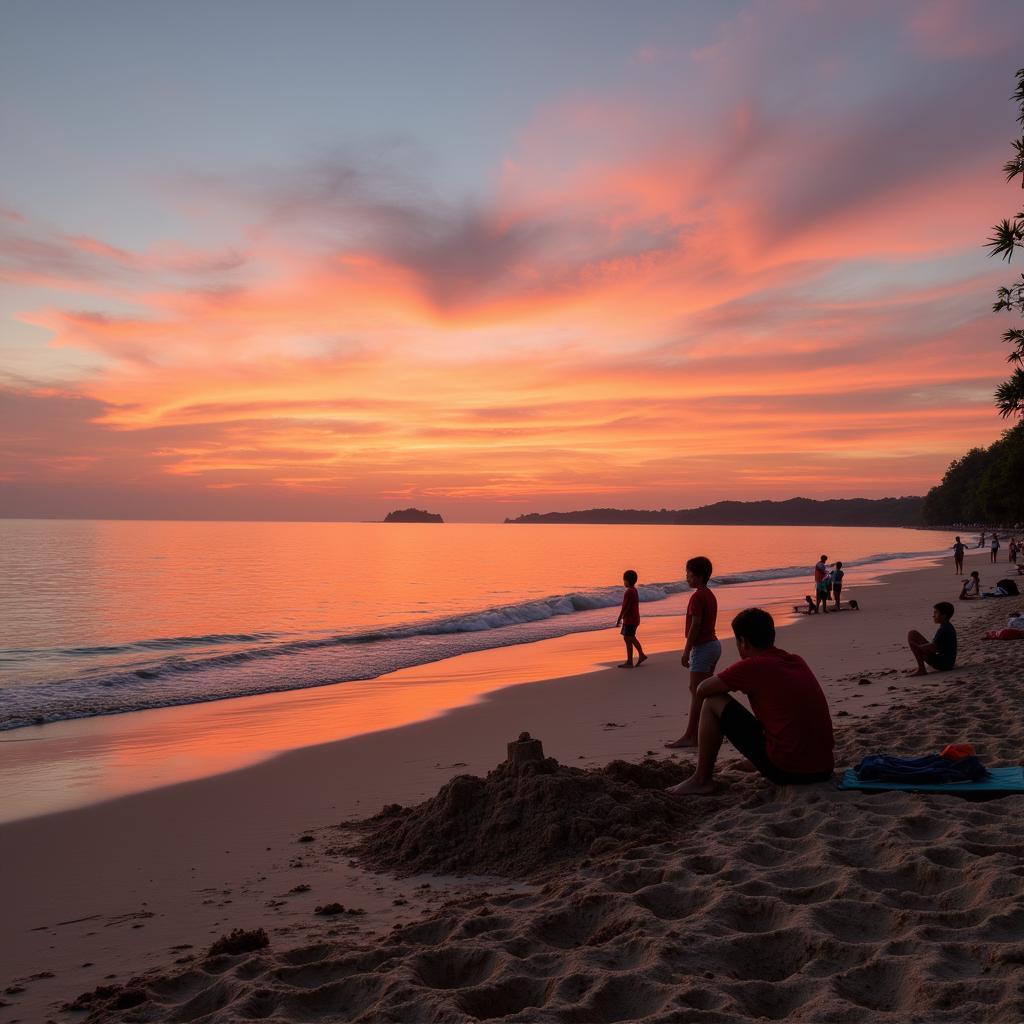 Bagan Lalang Beach Scene: A picturesque view of the tranquil beach with families enjoying the sunset.