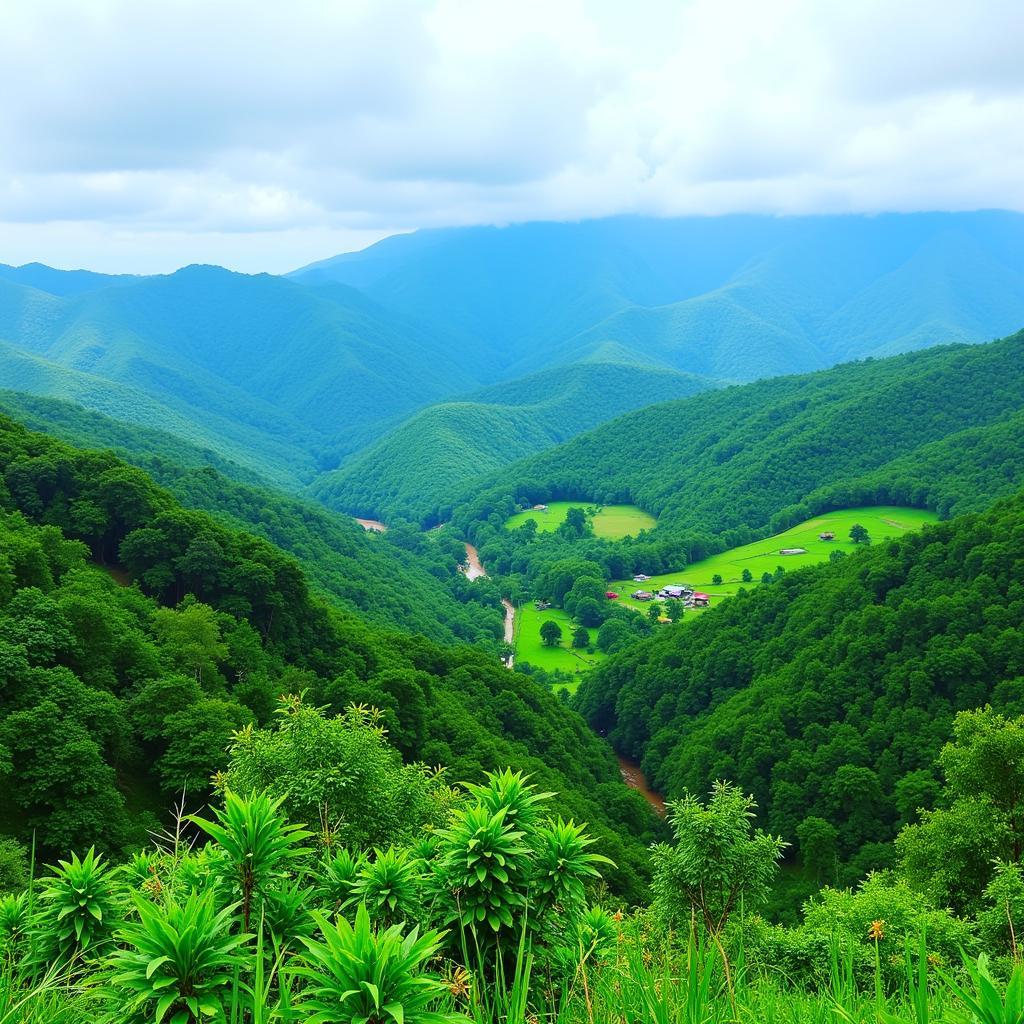 Scenic view of the Baling, Kedah landscape surrounding dzda homestay, featuring rolling hills, lush greenery, and a serene river.