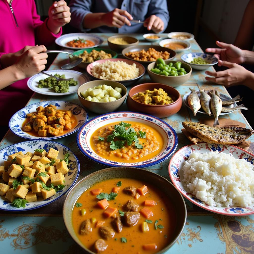 Bandarban Homestay Meal: A delicious spread of traditional Bangladeshi dishes prepared with fresh, local ingredients, served on a banana leaf. 