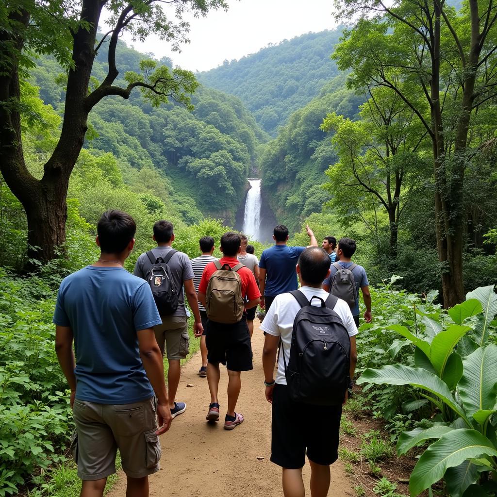 Bandarban Homestay Trekking: A group of travelers hike through the lush green hills of Bandarban, guided by a local from their homestay.