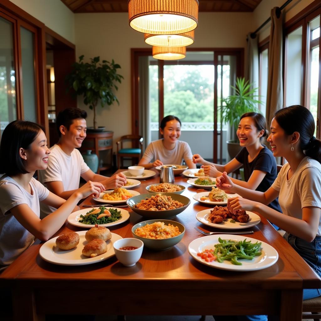 Vietnamese Family Enjoying a Traditional Dinner at Barefoot Homestay Dong Hoi