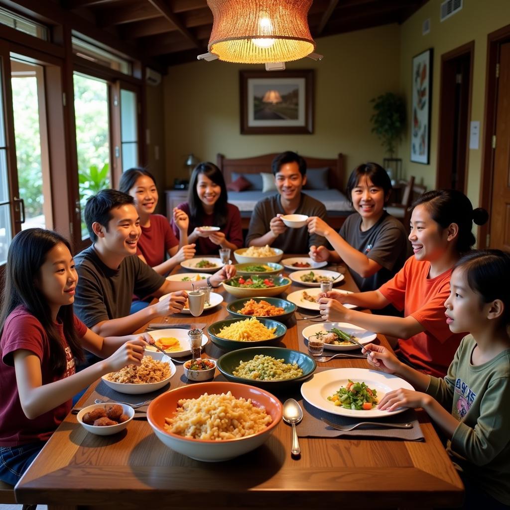 Family enjoying a meal together at a Basudira Homestay