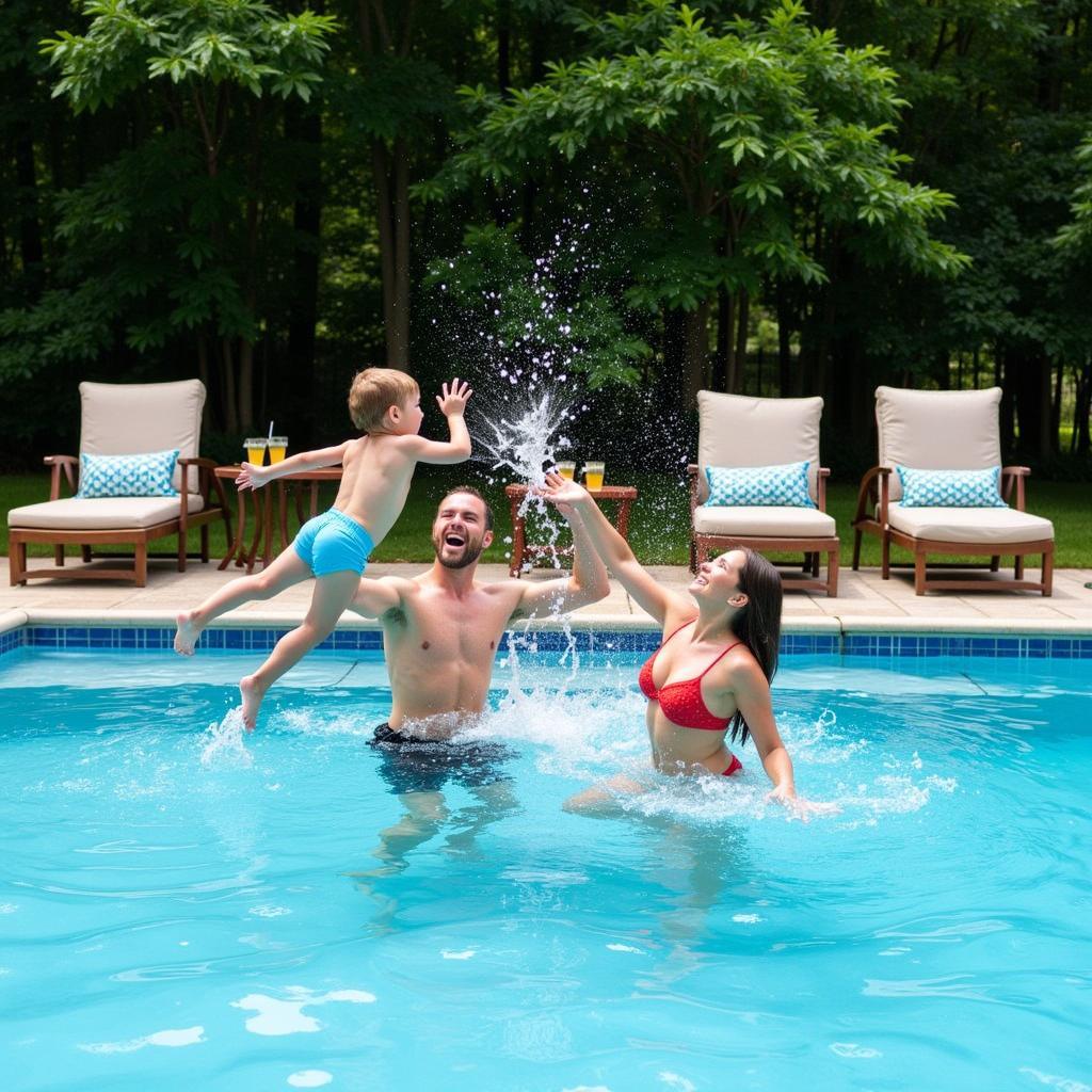 Family enjoying a private pool at a Batu Pahat homestay