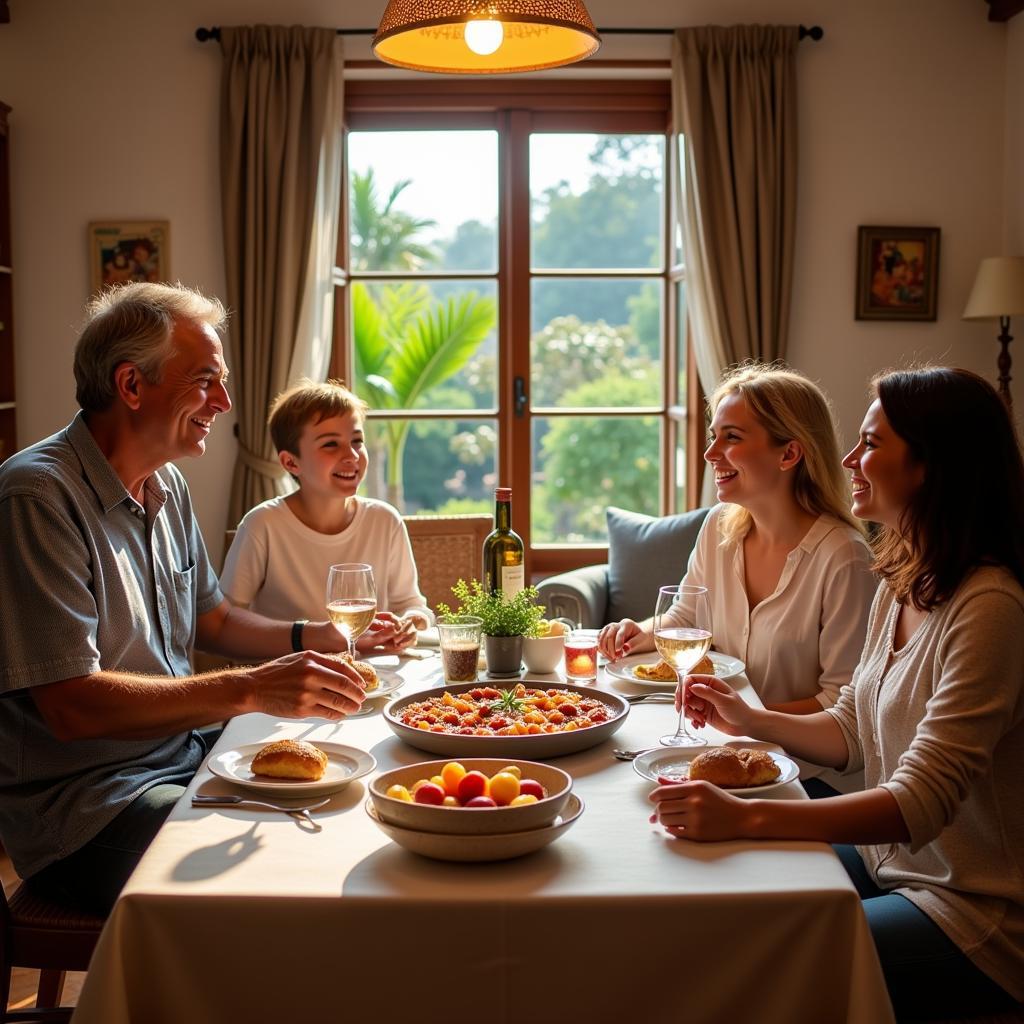 Family enjoying a traditional Spanish meal at Bayu Beach Resort Homestay