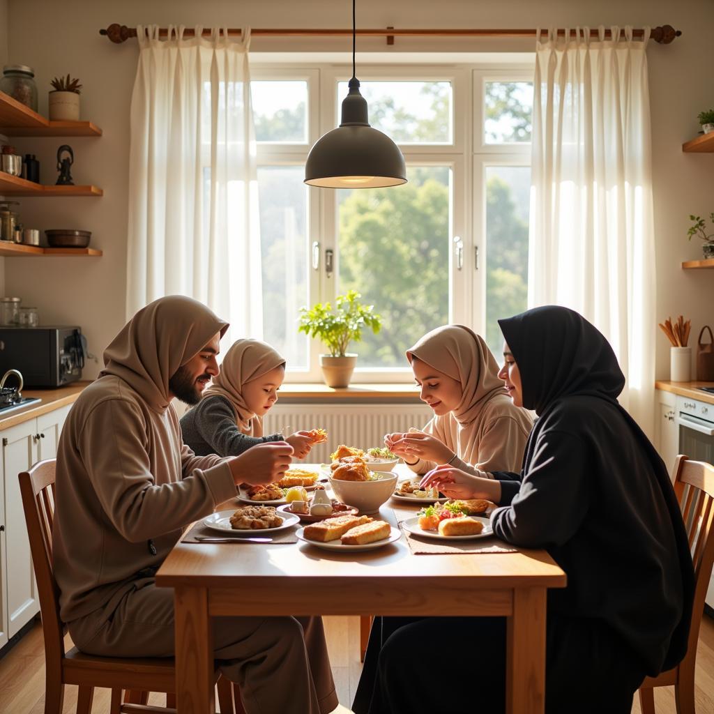 Muslim family enjoying a halal breakfast together in their Bedford homestay.