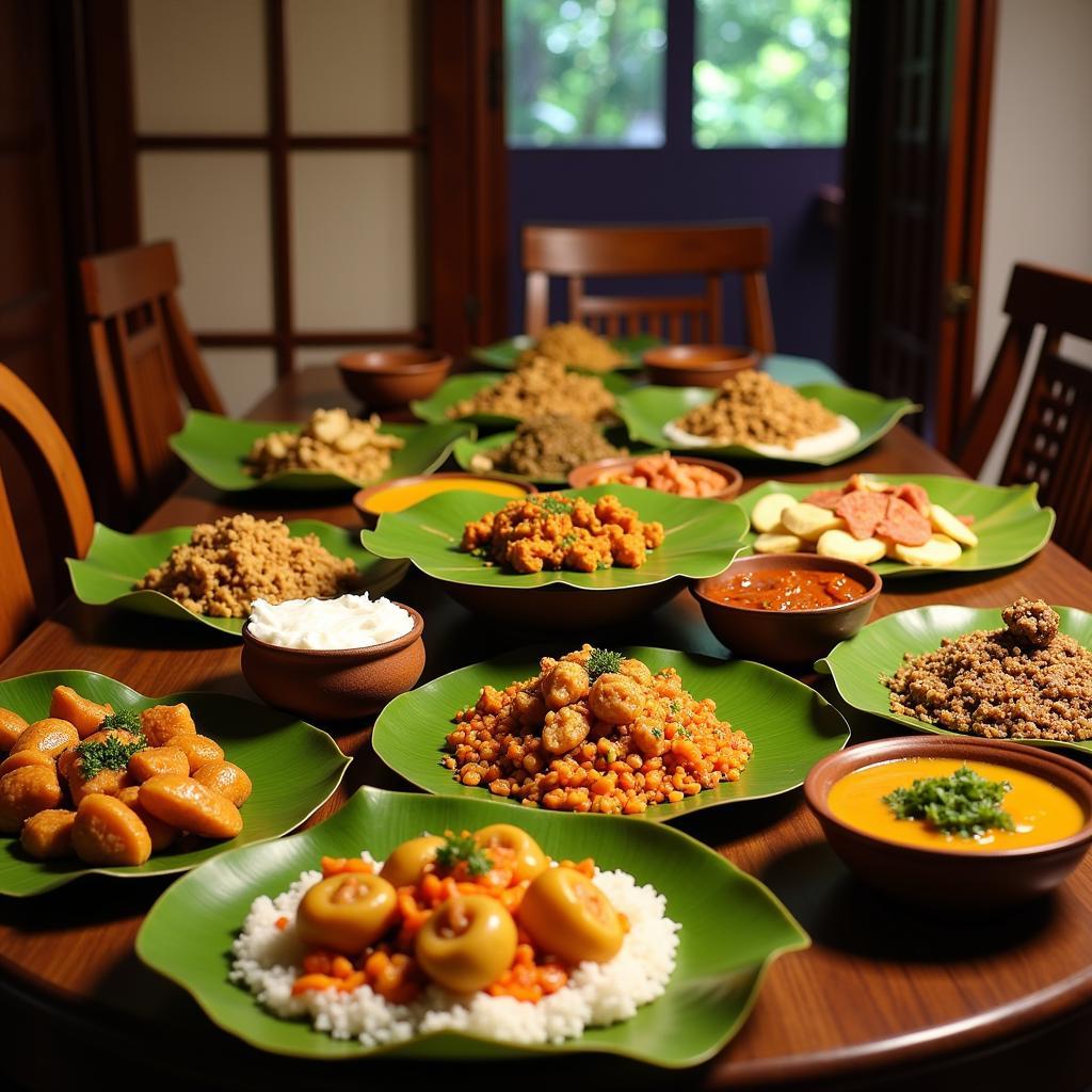 A delicious traditional Kerala meal served at Bethlehem Homestay in Fort Cochin, featuring a variety of flavorful dishes.