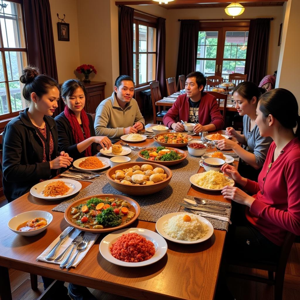 Bhutanese family sharing a traditional dinner with guests in their homestay