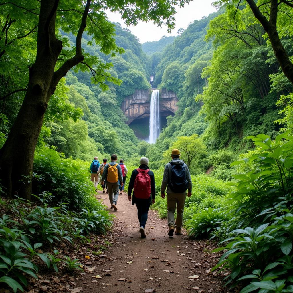 Tourists trekking to a waterfall in Binh Lieu