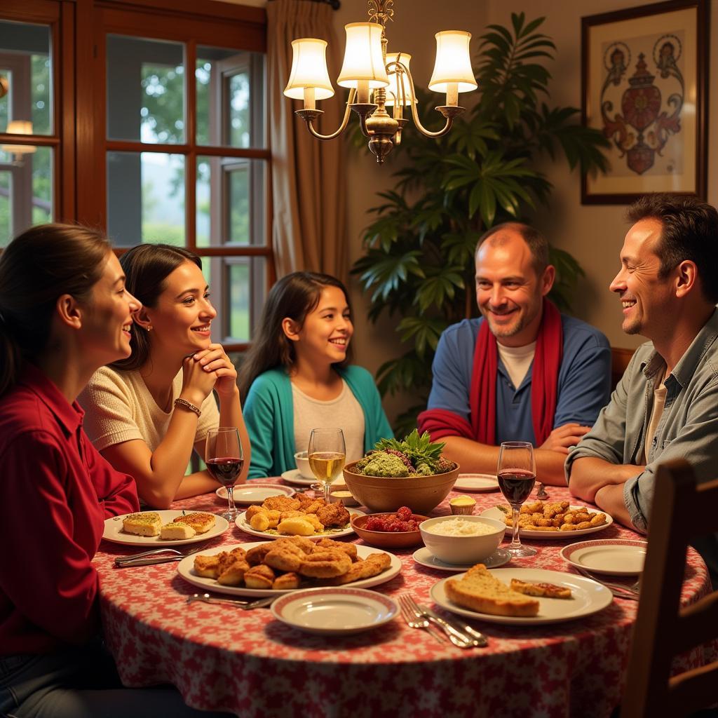 Enjoying a traditional Spanish dinner with a local family during a BNW homestay