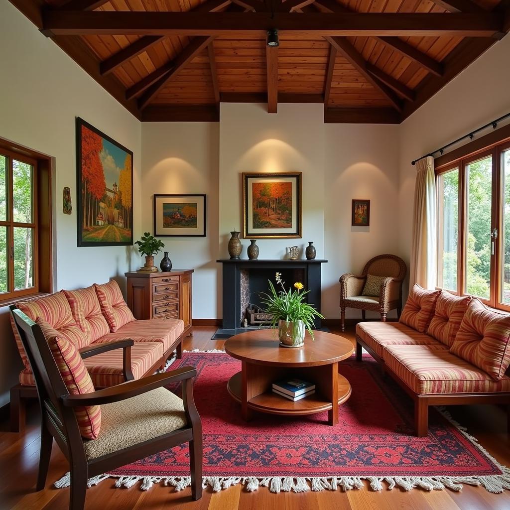 Interior view of a cozy living room in a boutique homestay Coorg with traditional decor