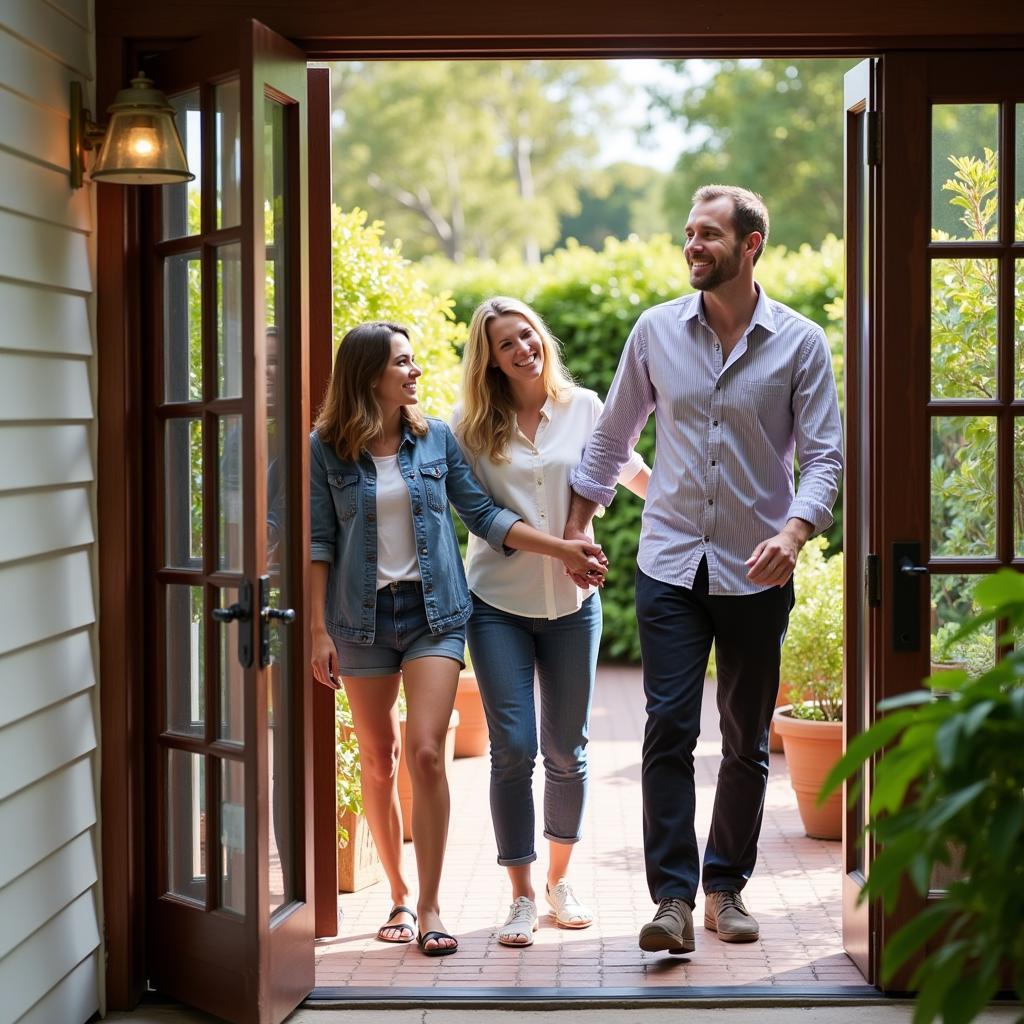 Happy family welcoming a homestay guest in their St Lucia home