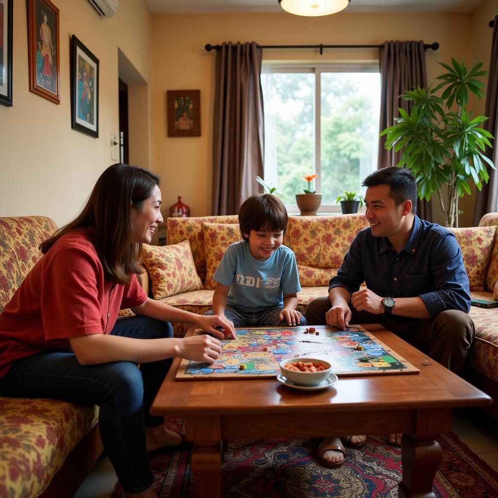 Family enjoying time together in a cozy living room of a budget homestay in Kuala Lumpur