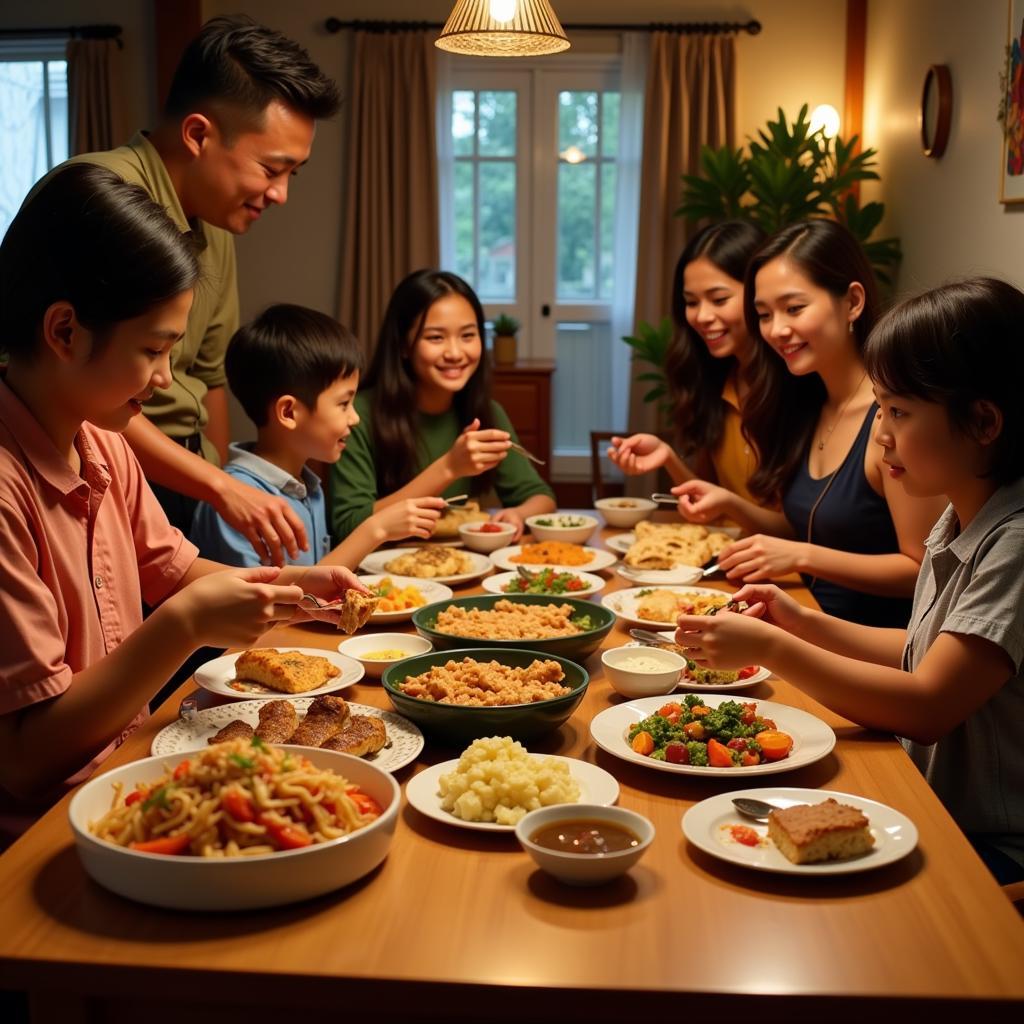 A family enjoying a traditional Malaysian dinner at their homestay in Bukit Fraser.