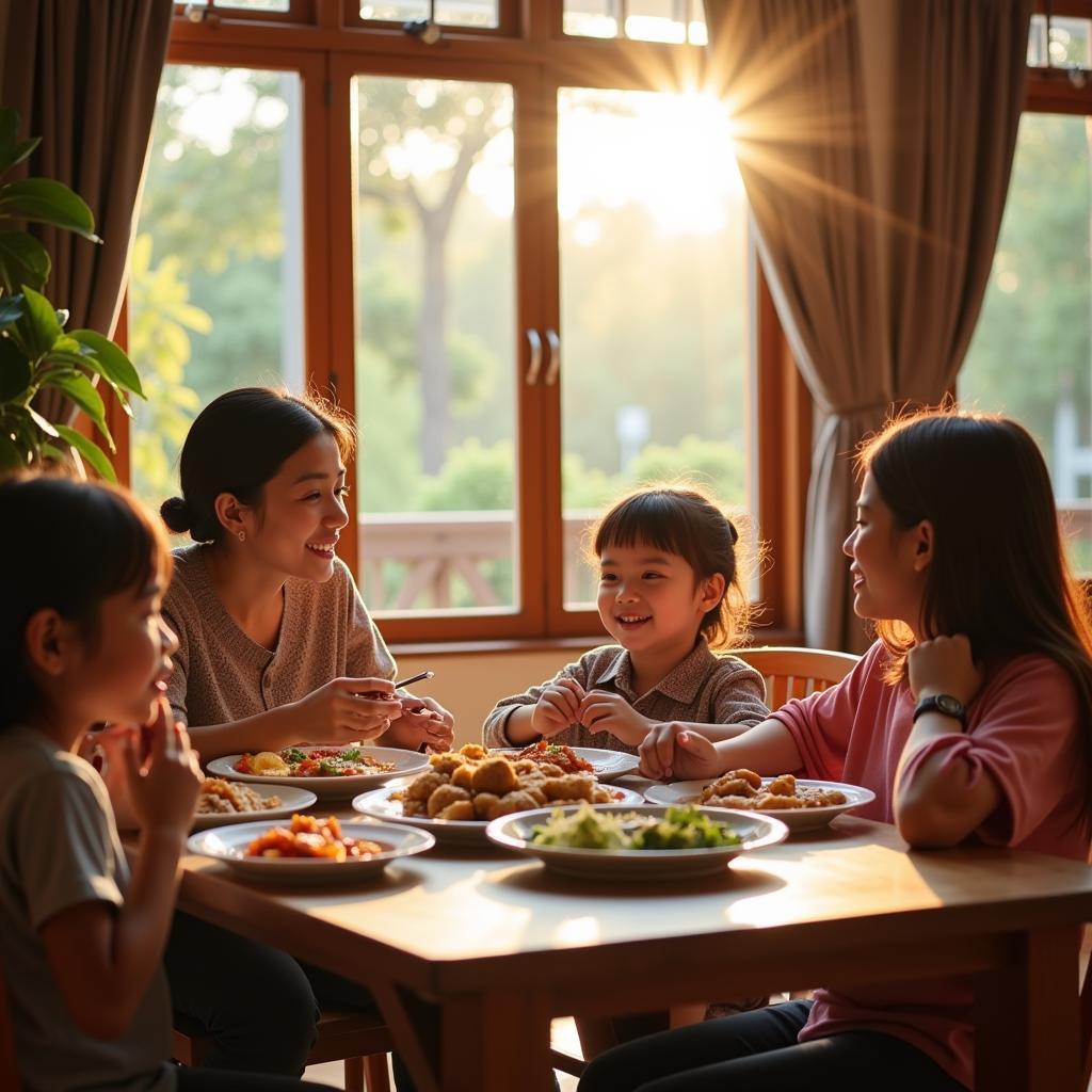 Family enjoying a home-cooked meal at a Bukit Jelutong homestay