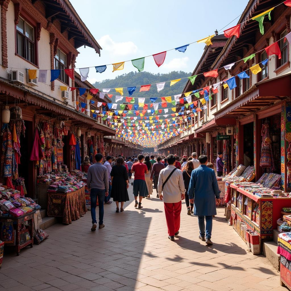 Local Tibetan market with colorful handicrafts and souvenirs